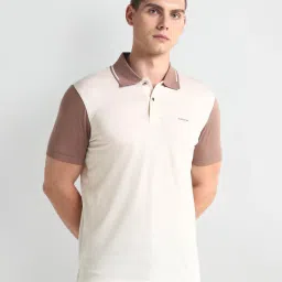 arrow new york Arrow Newyork Beige Cotton Regular Fit Colour Block Polo T-Shirt image 1