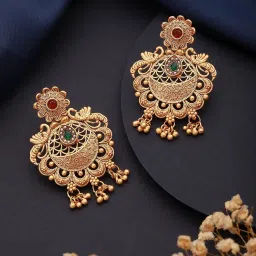 Aatmana Gold-Plated Green & Red Stone-Studded & Beaded Filigree Chand Bali Earrings image 1
