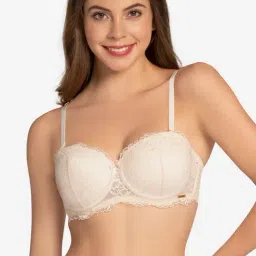Amante Baby Pink Padded Lace Work Balconette Bra-image-2