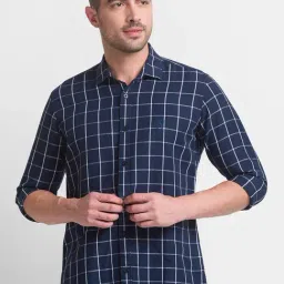 Giordano Navy Blue Cotton Slim Fit Checks Shirt-picture-22