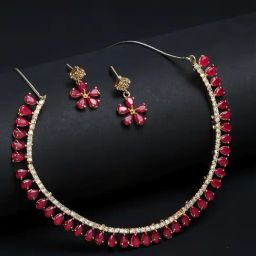 Zeneme Gold Plated Red AD Studded Necklace and Earring Set-picture-2
