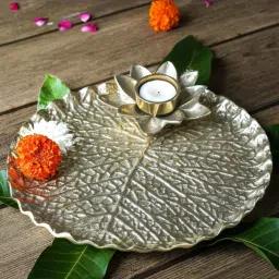 BEHOMA Home Collection Gold Metal Floral Lotus Leaf Thali image 1