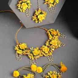 Zeneme Gold Plated Yellow Flower Pearl Beaded Jewellery Set-picture-24