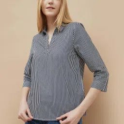 Fame Forever By Lifestyle White & Blue Cotton Regular Fit Striped Top image 1