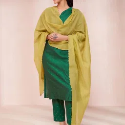 Fabindia Lime Green Woven Pattern Dupatta image 1