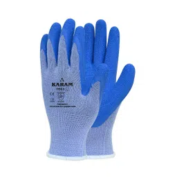 Karam Safety Hand Gloves Polycotton Blue & Blue Natural Latex Coating 10 Gauge Size L, HS 03 (Pack of 12 Pair) image 1