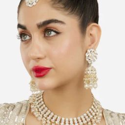 Zaveri Pearls Gold Tone Dazzling Kundan Cluster Beads Drop Necklace Earring Maangtikka Set-ZPFK18011-picture-6
