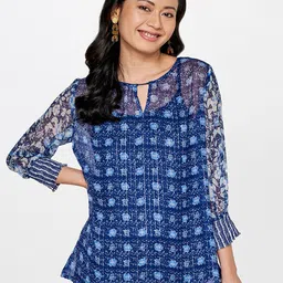 Global Desi Women Blue Floral Printed Keyhole Neck Top-image-30