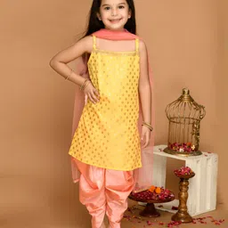Saka Designs By Sapna Sleeveless Ethnic Floral Motif Foil Printed With Gota Lace Embellished Kurta & Dhoti With Dupatta - Yellow & Neon Pink-picture-16