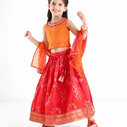 Babyhug Sleeveless Zari Embroidered Choli with Pattola Printed Lehenga and Dupatta Set - Red & Mustard-picture-28