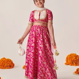 Pspeaches Silk Blend Half Sleeves Floral Printed Lehenga Choli With Dupatta - Magenta-picture-11