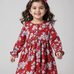 Babyhug Woven Full Sleeves Floral Printed Frock with Headband - Rust Orange-picture-19
