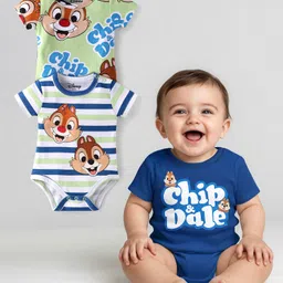 Babyhug Disney Interlock Knit Half Sleeves Onesies With Chip N Dale Graphics Pack of 3 - Blue White & Light Green-picture-14