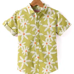 JASH KIDS Cotton Woven Half Sleeves Floral Printed Shirt - Olive Green-image-55