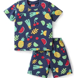 Babyhug Cotton Knit Half Sleeves Shorts Night Suit with Tropical Theme Print - Navy Blue-picture-24