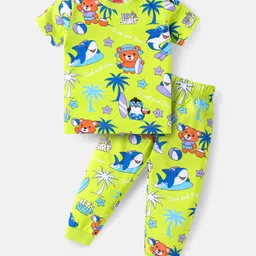 Babyhug Cotton Knit Half Sleeves Night Suit with Beach Theme Print - Light Green-image-91
