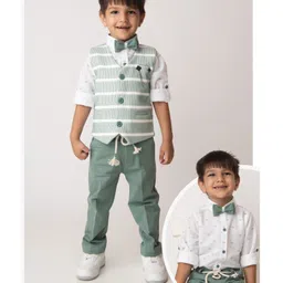 LITTLE COLLARS Knitted Full Sleeves Striped 3 Piece Party Suit With Bow Set - Green-image-44