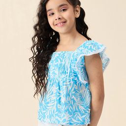 StyloBug Cotton Half Flutter Sleeves Leaves Printed Top - Blue-picture-7