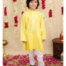 BownBee Pure Cotton Woven Full Sleeves Foil Striped Kurta Pyjama - Yellow-picture-25