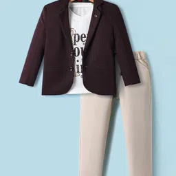 Rikidoos Open Your Mind Text Printed Tee & Pant With Full Sleeves Textured Blazer Set - Wine & Beige-picture-13