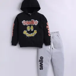 Little Ninja Cotton Knit Full Sleeves Smile Text Printed Hooded Sweatshirt & Joggers Set - Black & Grey-picture-26