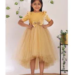 Toy Balloon Kids Net Woven Half Sleeves Velvet Bow Applique Detailed Dress - Golden-image-31