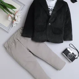 Fourfolds Velvet Woven Full Sleeves Textured Blazer With Hope Text Printed Tee & Pant Set - Black-picture-14