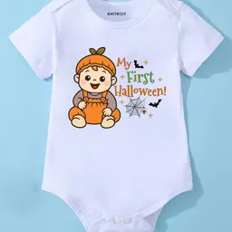KNITROOT Halloween Theme Cotton Lycra Knit Half Sleeves My First Halloween Text Printed Onesie - White-picture-18