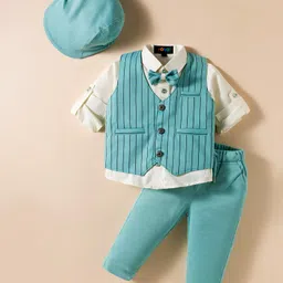 Robo Fry Cotton Woven Full Sleeves Striped 3 Piece Party Suit With Bow & Cap - Sea Green & White-picture-14