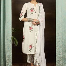 Indo Era Women Floral Printed Cotton Kurta with Trousers & With Dupatta-picture-0