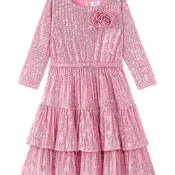 Hola Bonita Three Fourth Sleeves Sequined Layered Party Frock with Floral Applique  - Pink image 2