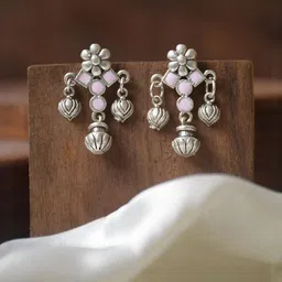 NAMAN ARTS Silver-Plated Floral Shaped Enamelled Drop Earrings-image-53