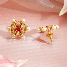 Rubans 22K Gold-Plated Copper Red, Green & White Kundan Stones with White Pearl Drops image 2