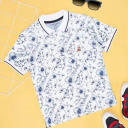 Pantaloons Junior Kids White & Blue Cotton Floral Print Polo T-Shirt image 1