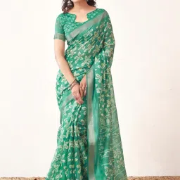 Satrani Green Floral Print Saree With Unstitched Blouse image 1