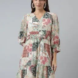 Latin Quarters Beige Printed A Line Dress-image-1
