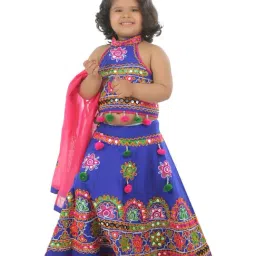 Ahhaaaa Kids Blue & Pink Cotton Embroidered Lehenga Cholis-image-10