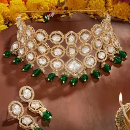 Zaveri Pearls Green Beads Dazzling Austrian Diamonds Bridal Choker Necklace & Earring Set-ZPFK18006-picture-23