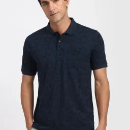 Peter England Navy Cotton Regular Fit Printed Polo T-Shirt image 1