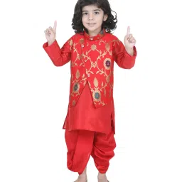 BownBee Kids Red Printed Kurta, Dhoti with Jacket image 1