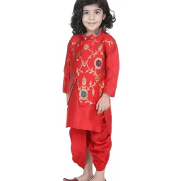 BownBee Kids Red Printed Kurta, Dhoti with Jacket image 3