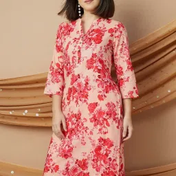 Melange By Lifestyle Peach Cotton Regular Fit Floral Print Kurtas image 1