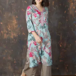 Melange By Lifestyle Blue Regular Fit Floral Print Kurtas image 1