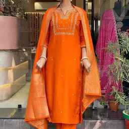 MEHZEEL FAB Ethnic Motifs Embroidered Notch Neck Straight Kurta With Trousers & Dupatta-picture-35