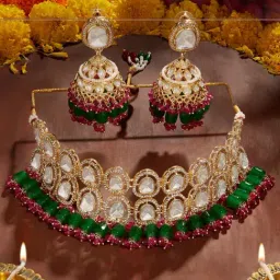 Zaveri Pearls Pink Green Cluster Beads Austrian Diamonds Choker Necklace & Earring Set-ZPFK18027-image-9