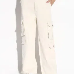 showoffff SHOWOFF Off White Denim Straight Fit Mid RIse Cargo Jeans-picture-18
