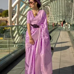 Vardha Lilac & Silver Chequered Saree With Unstitched Blouse image 1
