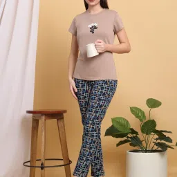 Sweet Dreams Beige Cotton Regular Fit Printed Pyjama Set image 1