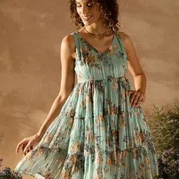 KASSUALLY Aqua Floral Print Fit & Flare Dress image 1