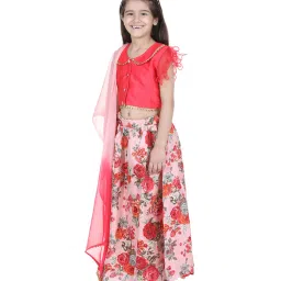 BownBee Kids Pink Printed Choli, Lehenga with Dupatta image 3